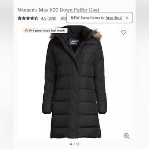Lands' End Women's Black Puffer Coat with Fur Trim